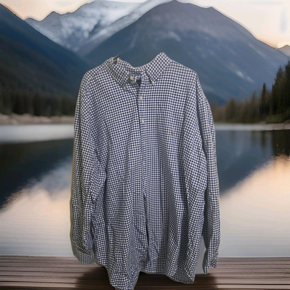 RALPH LAUREN  Blue & White Gingham Check Button up‎ Shirt Big Men's 3XLT Pony